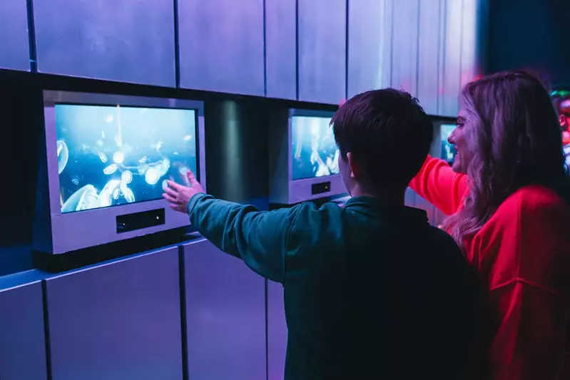 A woman and child looking at an interactive screen and reaching out, smiling.