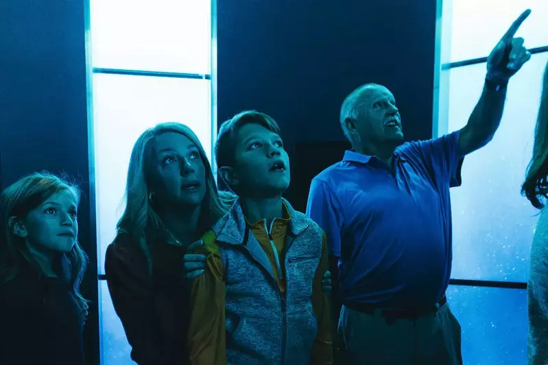 A group of adults and children looking up with shocked faces and pointing.