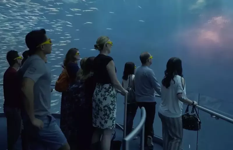 A group of adults and children with interactive glasses on marveling at a screen showing the ocean and animals in the ocean.