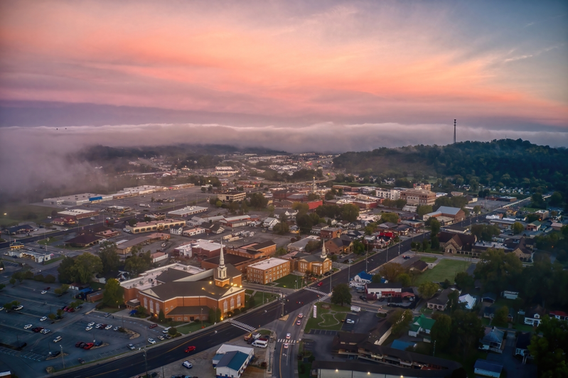 Aerial view of Sevierville at sunset.